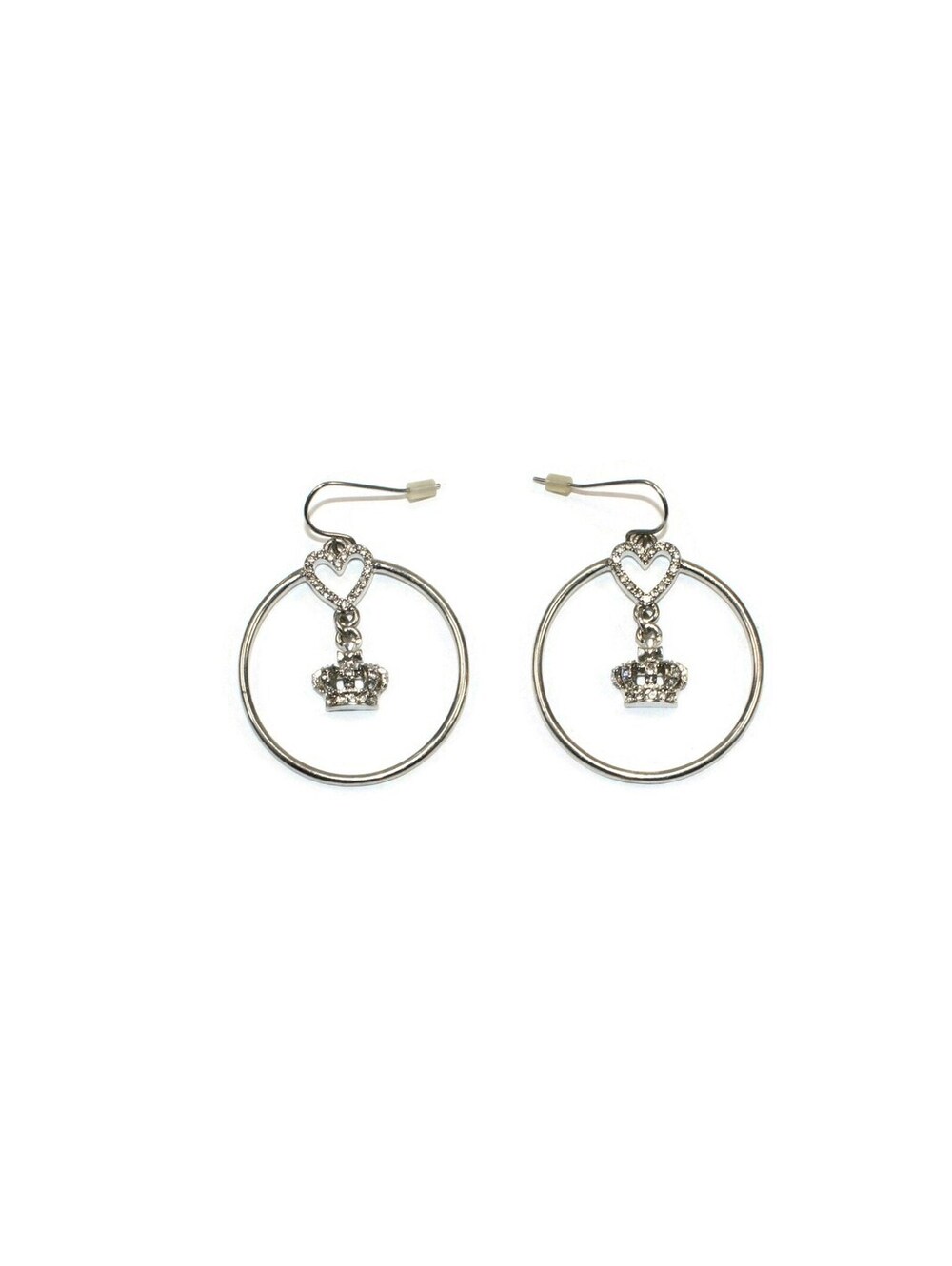 Vintage Silver Tone and Clear Jewels Circle Heart and Crown Dangle Earrings.